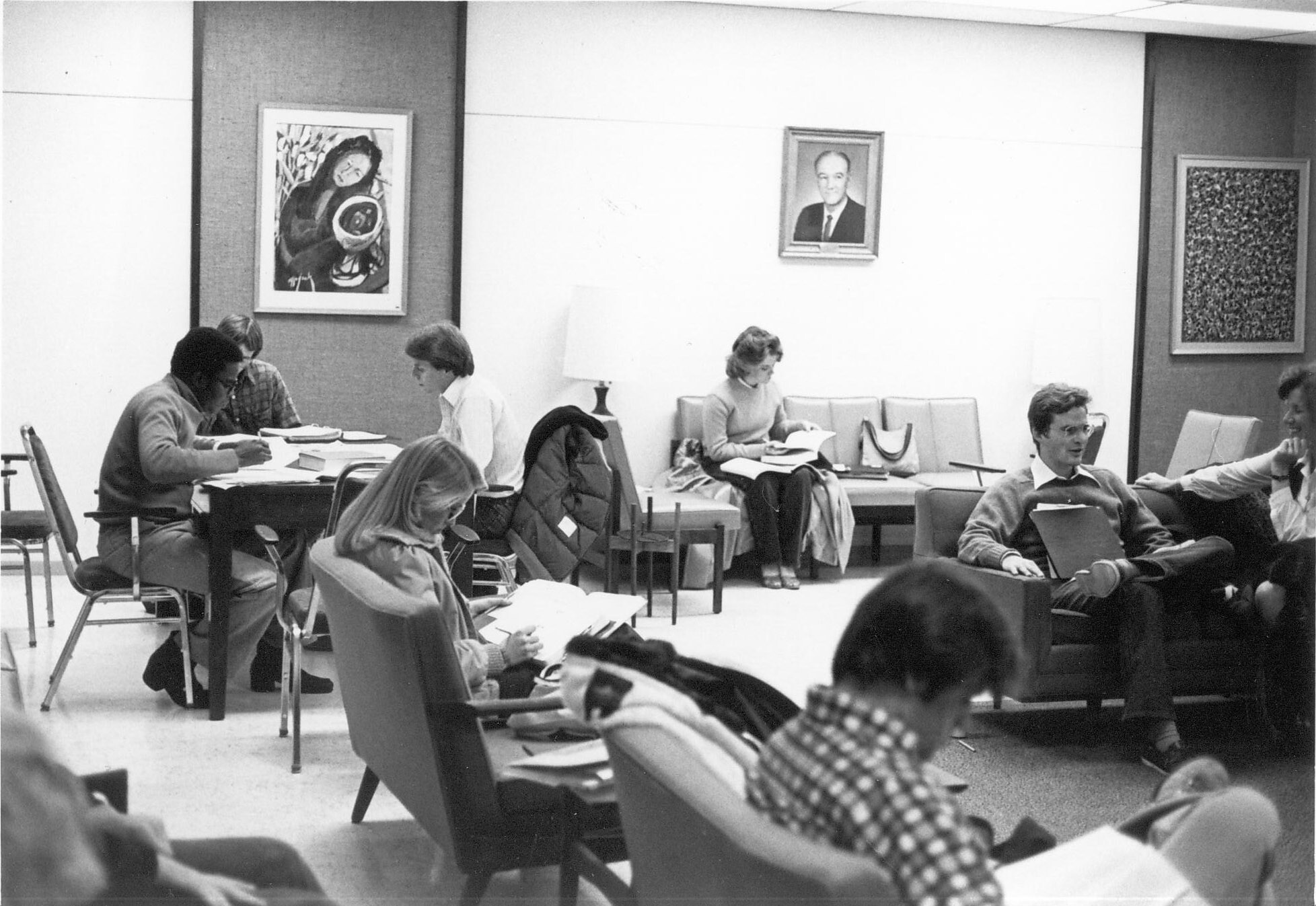 Historic photo of students studying. 